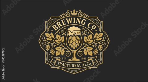Vintage Brewing Co Traditional Ales Emblem with Hops and Beer Glass.