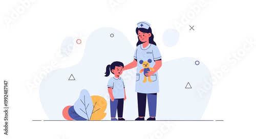 Nurse comforting child with teddy bear, healthcare, medical assistance, pediatric care