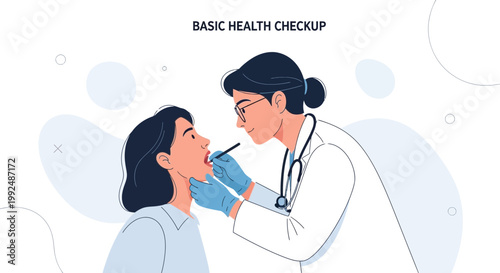 Doctor examining patient's throat during basic health checkup, illustration