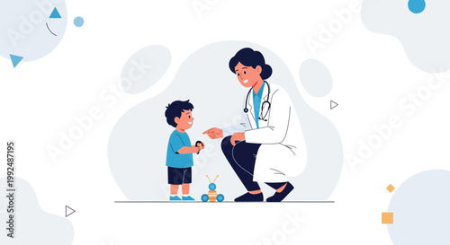 Doctor with child, playing with toy robot, healthcare concept