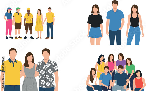 People characters collection set diverse men and women casual outfits group portraits flat style vector illustration isolated design elements