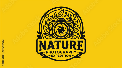 Vintage Nature Photography Expedition Logo Design with Camera and Botanical Elements.