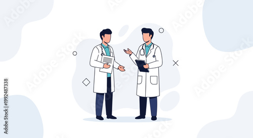 Two doctors in lab coats discussing medical information, vector illustration