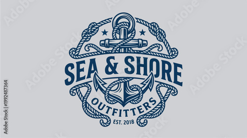 Vintage nautical logo for Sea and Shore Outfitters with anchor and rope design.
