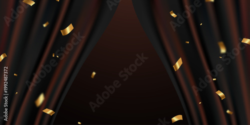 高級感ある赤いステージカーテンと金色紙吹雪が舞うシアター背景｜イベントや授賞式に最適なドラマチック空間素材