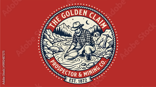 Vintage Prospector Mining Gold in River Emblem.