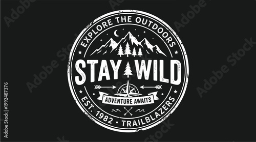 Vintage outdoor adventure emblem with mountains trees and compass for exploration.