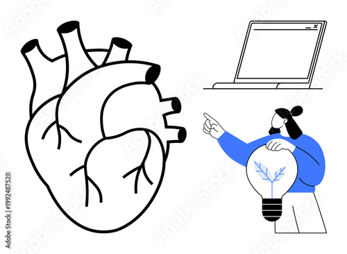 Education, innovation, medical science, creativity, sustainable energy, technology. Human heart diagram, person with eco-friendly bulb laptop. Education and innovation conceptual illustration