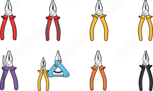 Pliers tool set collection with colorful handles, hand drawn repair equipment illustration isolated on white background for construction and maintenance