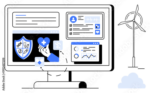 Digital health, renewable energy, online platforms, medical services, sustainability, innovation. A monitor displays health tools, data and shield icons paired with a wind turbine. Digital health
