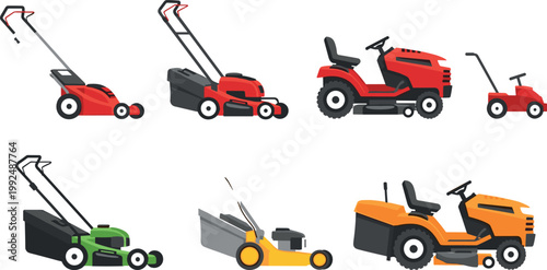 Red and colorful lawn mower machines set, garden grass cutting equipment illustration isolated on white background for landscaping and maintenance