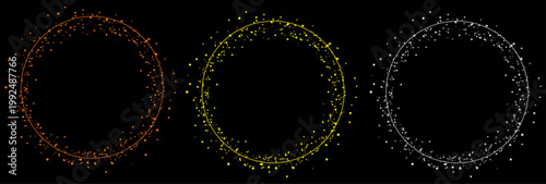 ブラック背景に浮かぶ光の粒子で構成された円形フレームセット、カラフルな発光ドットが美しい抽象リング、テクノロジーやイベント演出に最適なデザイン素材