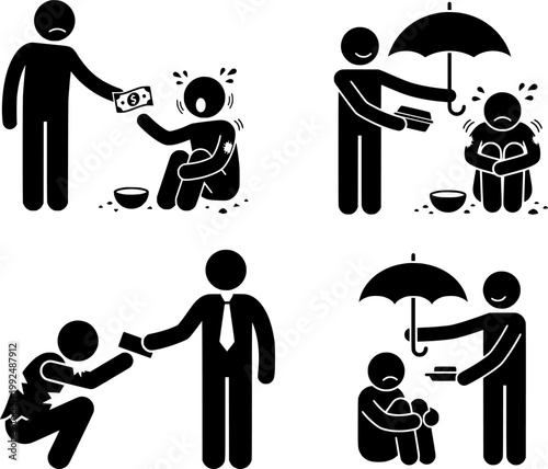 Charity and Poverty Icons – Helping Homeless People, Donation, Social Support and Care Symbols