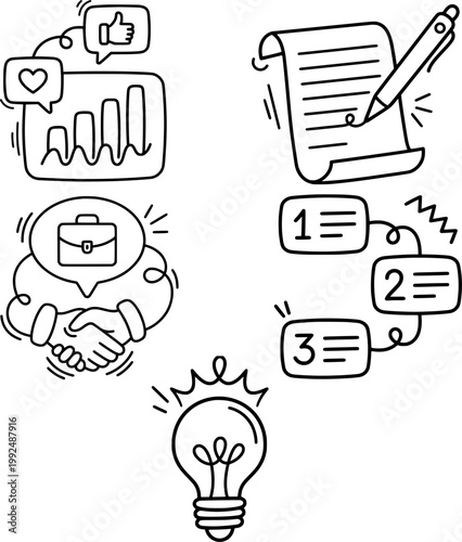 Business Strategy and Workflow Icons – Analytics, Partnership, Planning and Ideas