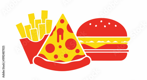 Fast Food Combo: Pizza Slice, Burger, and French Fries Icon Set