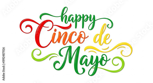 A vibrant and colorful Cinco de Mayo greeting featuring swirly, curvy text in shades of red, green, yellow, and orange on a clean white background. The image is perfect for celebrating the M