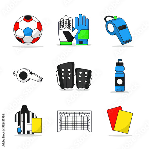 Soccer Team Gear Icons: Ball, Gloves, Whistle, Shin Guards, Water Bottle, Referee Kit, Goal, Cards