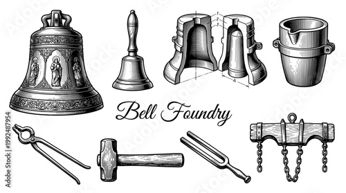 Vintage Bell Foundry and Metal Casting Tools Vector Illustration Set Featuring Church Bells, Molds, and Equipment