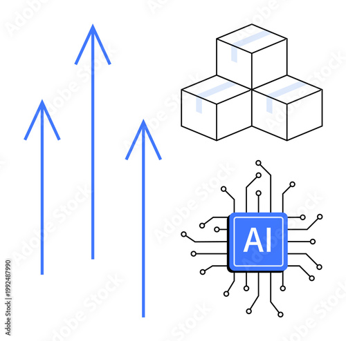 Artificial intelligence, logistics, supply chain, automation, innovation, and digital transformation. Blue arrows, boxes and AI chip illustration. Automation and logistics-themed futuristic concept