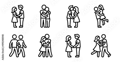Set of couple icons, romantic relationship, love and dating, people in love, holding hands, hugging and kissing, vector line icons