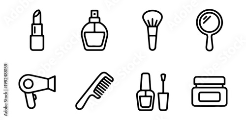 Set of beauty and makeup icons, including lipstick, perfume, makeup brush, mirror, hair dryer, comb, nail polish, and cream jar