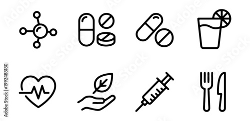 Set of medical and healthcare line icons, including pills, syringe, healthy food, and wellness symbols