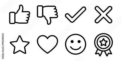 Social media icons, rating symbols, feedback signs, 8 vector graphics