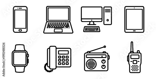 Electronics icons, communication devices, technology symbols, gadget set, line style
