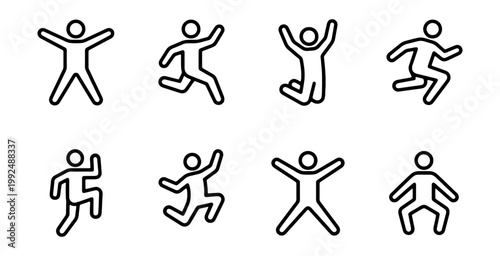 Running, jumping stick figures, line art icons, fitness symbols, athletic signs