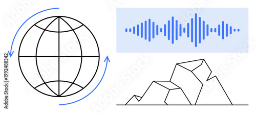 Communication concept. Communication through a global icon, audio wave frequencies, and geometric elements. Communication connects technology, nature, and digital advances. For tech, nature media