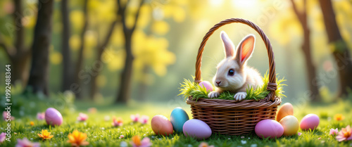 Conejo adorable en cesta de mimbre, tonos pastel en escena natural primaveral con espacio para texto tipo banner. Animal pequeño, mascota, delicado. Branding, campaña estacional, storytelling visual.