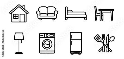 Home, furniture, and appliance icons, line style, 8 elements, black and white