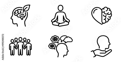 Mental health icons, psychology symbols, brain wellness signs, mindfulness illustrations