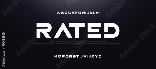 RATED Tech font, digital alphabet, trendy Latin letters from A to Z and Arab numbers from 0 to 9 for you ui ux designs, vector illustration 10EPS