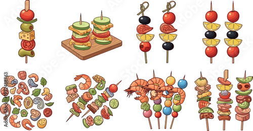 Set of assorted skewered appetizers and finger foods including vegetables, seafood, cheese and fruits isolated on white background vector illustration
