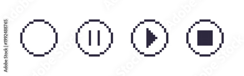 Pixel media control icons set, 8-bit play pause and stop buttons, retro blocky video player UI icons, Vector illustration.