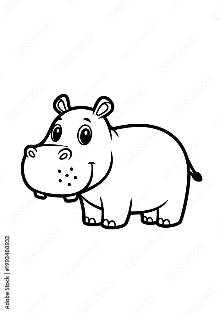 Obraz premium This image features a cute cartoon hippopotamus, perfect for kids' coloring pages and educational materials. The simple black and white line drawing showcases the hippopotamus' distinctive f