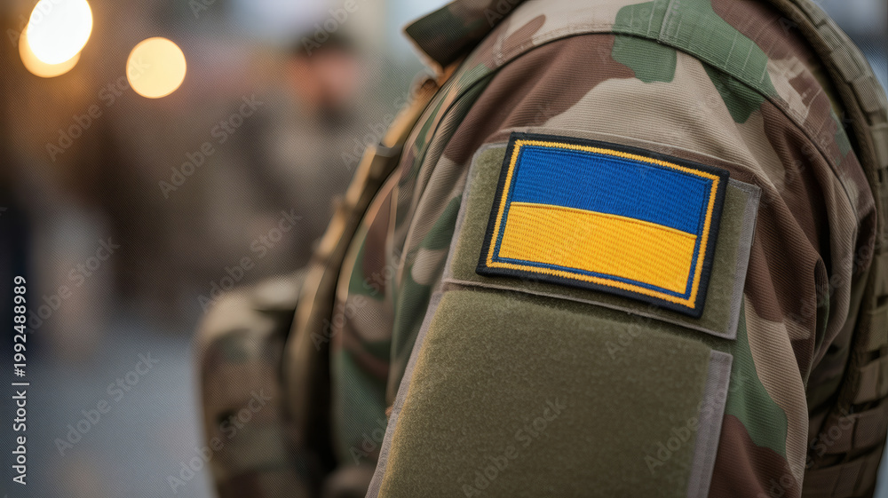 Obraz premium Ukrainian soldier wearing camouflage with national flag patch to show patriotism and support during conflict in Ukraine for freedom and peace
