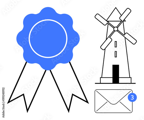 Awards, certifications, communication, notifications, sustainable energy, design elements. A ribbon badge, windmill and email with notification alert. Awards and communication concepts