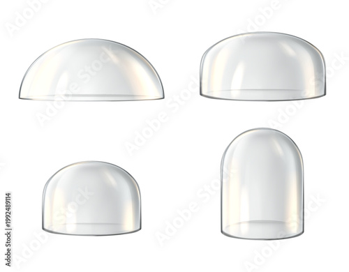 透明ガラスドームのバリエーションセット 半球と円柱形のクリアオブジェクト 光の反射と屈折を表現した3Dレンダリング素材