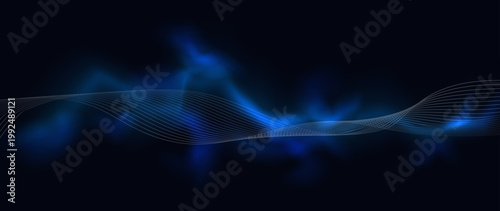 青い光の流れと滑らかな波形ラインが織りなす未来的デジタル背景 テクノロジーとエネルギーを感じる抽象グラフィック