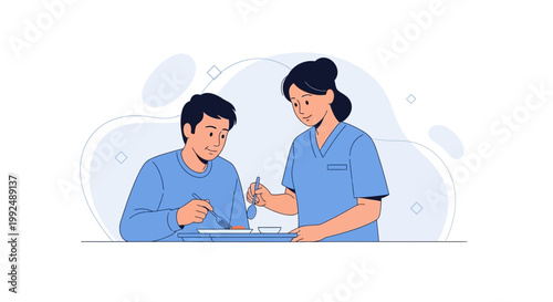 Nurse feeding patient in hospital room, healthcare assistance, medical care concept