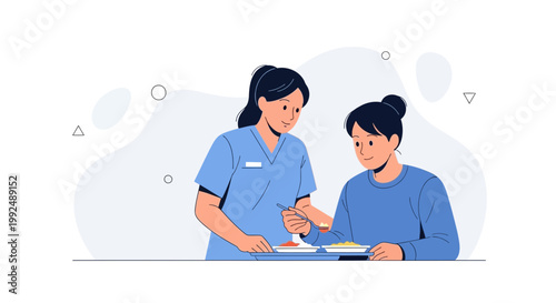Nurse feeding patient in hospital, healthcare assistance, medical care, healthy eating