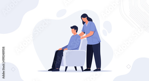 Nurse giving massage to patient sitting in chair, healthcare concept illustration