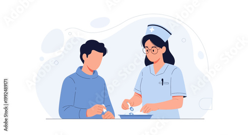 Nurse giving pills to patient, medical care, healthcare, doctor and patient illustration