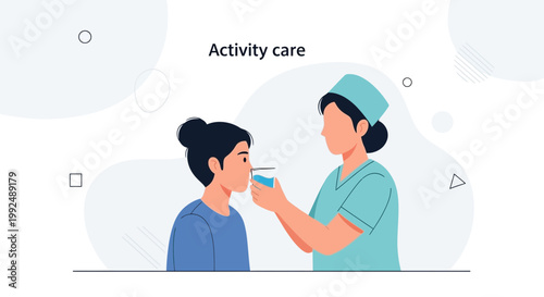 Nurse giving water to patient, activity care concept illustration