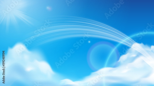 柔らかな雲と差し込む光が織りなす爽やかな青空に流線が広がる希望と清潔感を感じる抽象的スカイ背景素材