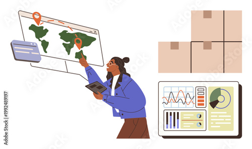 Logistics, supply chain, global delivery, tracking systems, data analytics, shipping management. Person interacting with global map, charts and packages. Logistics and supply chain concept