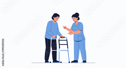 Nurse helping elderly person with walker, rehabilitation and care concept