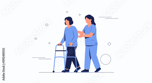 Nurse helping elderly woman walk with walker, healthcare assistance, medical support